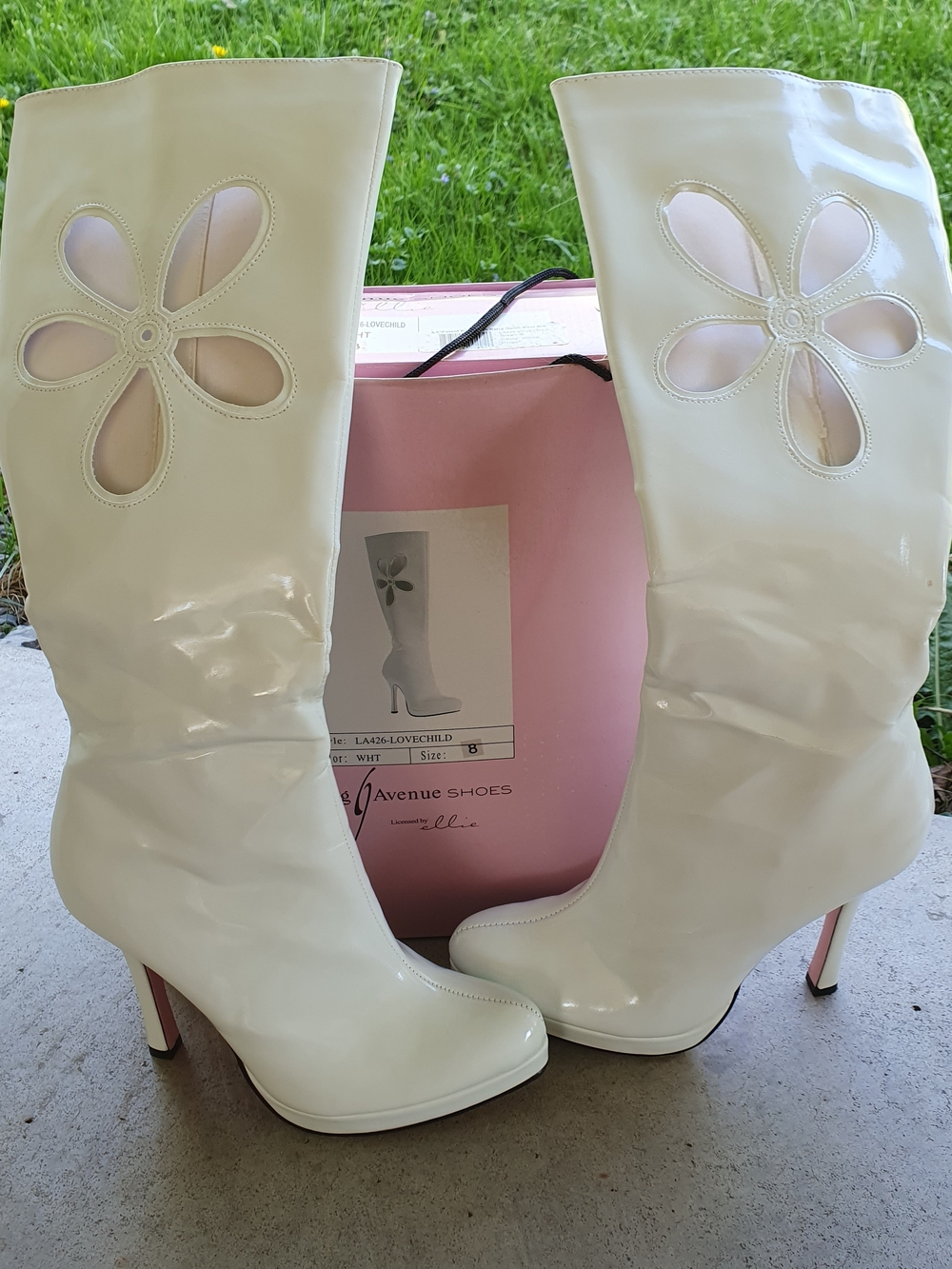 Leg Avenue White Patent Knee-High Heeled Boots with Floral Cutouts